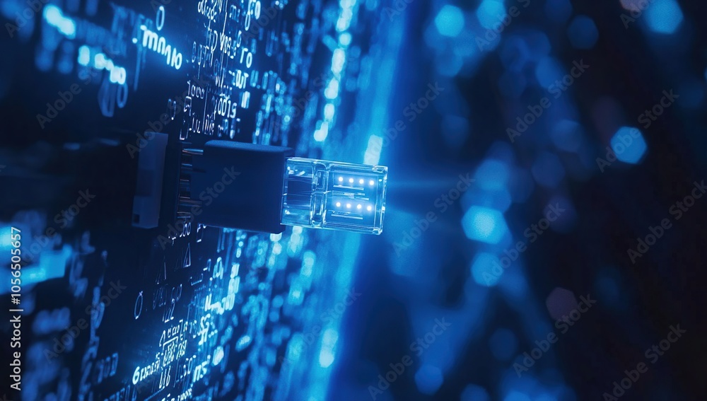 Poster close-up of a glowing rj45 connector plugged into a circuit board with blue lighting and a digital b