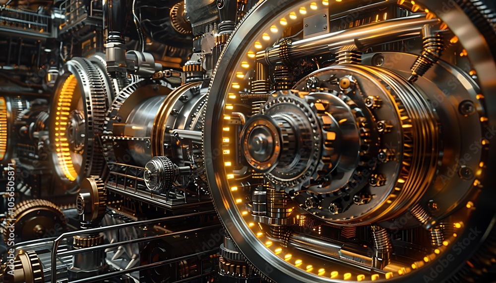 Poster A close-up of intricate mechanical gears and cogs, illuminated by warm lights, showcasing advanced machinery in a futuristic setting.