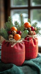 Festive decorations with fruits and greenery in rustic red bags