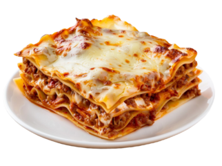 Delicious Italian meat lasagna on a plate on transparent background