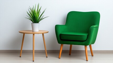 Modern Green Armchair with Wooden Legs and Side Table in Minimalist Interior