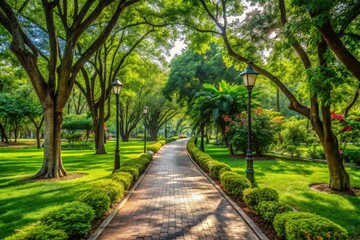 Winding through lush foliage, this serene park pathway invites leisurely walks and offers a tranquil escape, providing moments of relaxation in a peaceful natural setting.