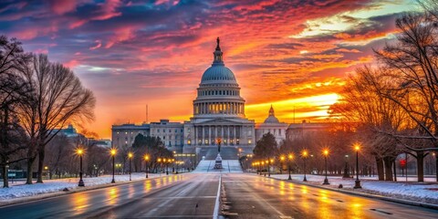 Fototapeta premium Winter dawn casts a soft glow over the US Capitol, illuminating its majestic dome, as the first light breaks through the crisp morning air on Pennsylvania Avenue.