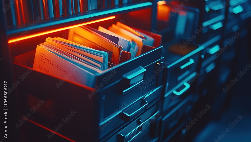 Poster close-up of an open file cabinet drawer with folders lit by red and blue neon light.