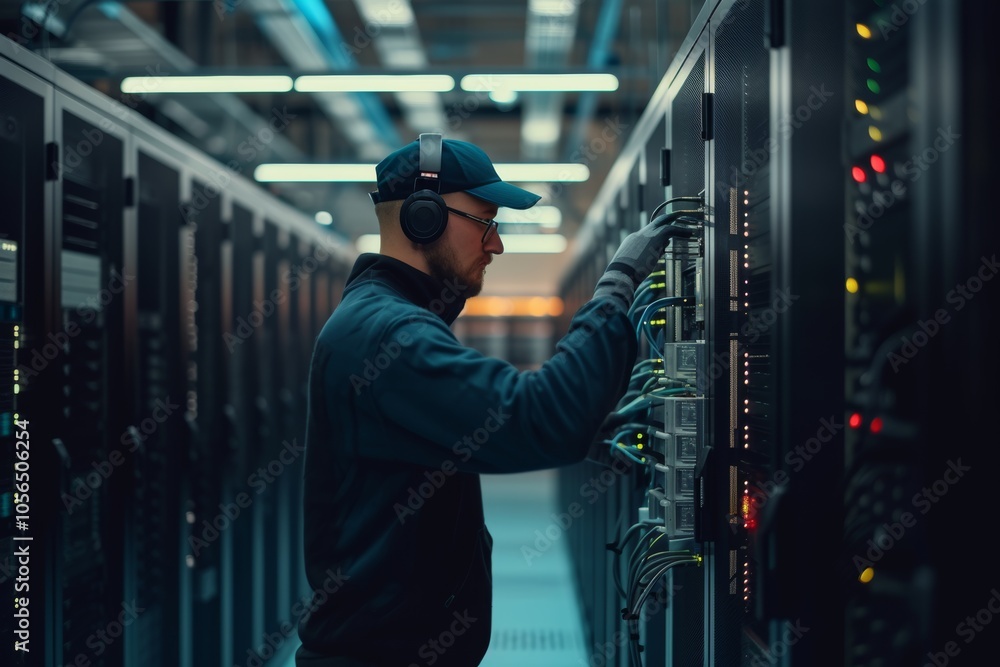 Poster it technician in a modern data center managing server connections while wearing headphones and glove