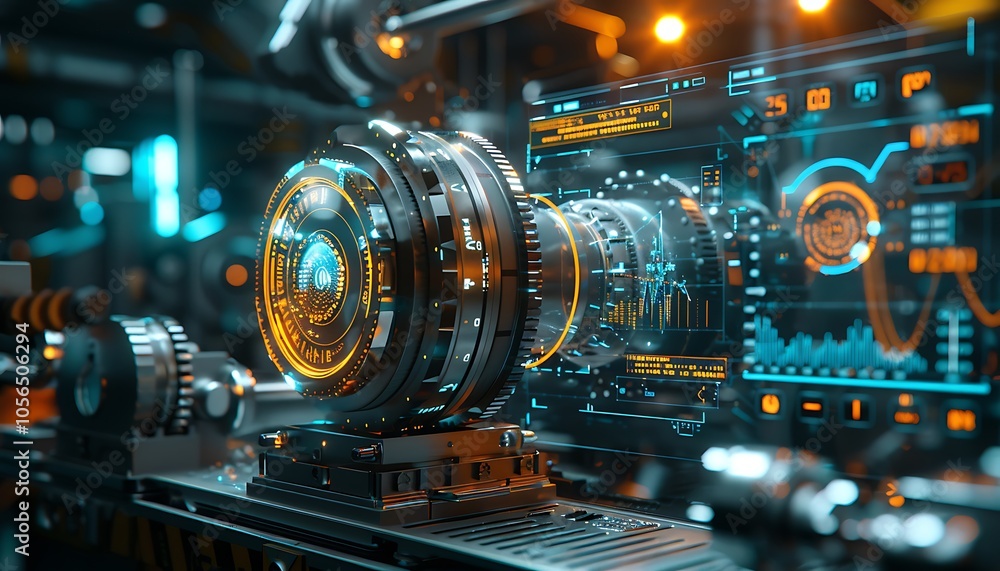 Poster a futuristic, high-tech scene featuring intricate machinery and vibrant displays, showcasing a blend