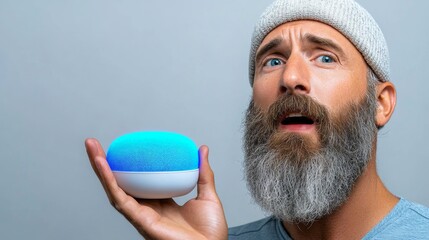 Man with beard surprised by smart speaker technology