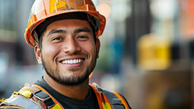A cheerful construction worker wearing safety gear, including a hard hat, smiles confidently on a construction site, conveying positivity, safety, and hard work. Video