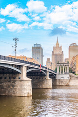Borodinsky Bridge and Ministry of Foreign Affairs of Russia main building in Moscow. Russia