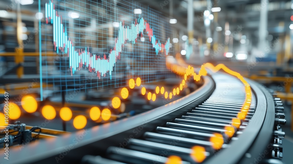 Poster a modern warehouse scene showcasing automation with a conveyor system and digital data visualization