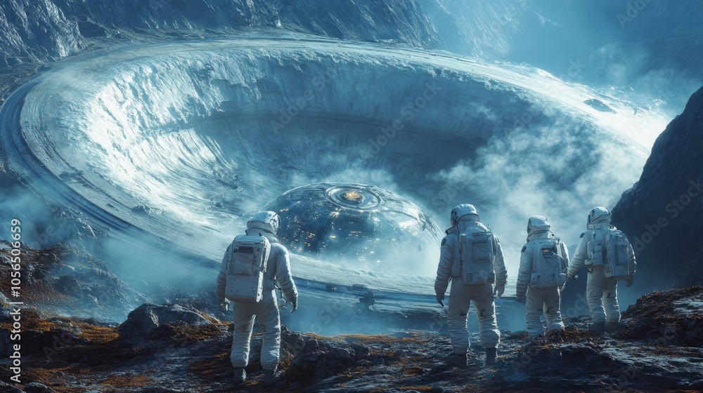 Poster astronauts exploring a mysterious spacecraft in a rugged landscape