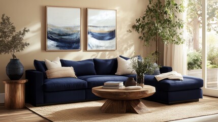 A modern living room with beige walls, a navy blue sectional, and a wooden floor