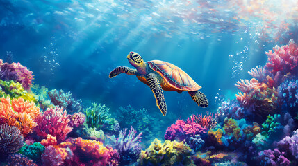 Fototapeta premium Fine art of a colorful coral reef with a turtle swimming in the morning glow of the great barrier reef. great barrier reef. illustration. Coral Reef at Dawn. Illustration