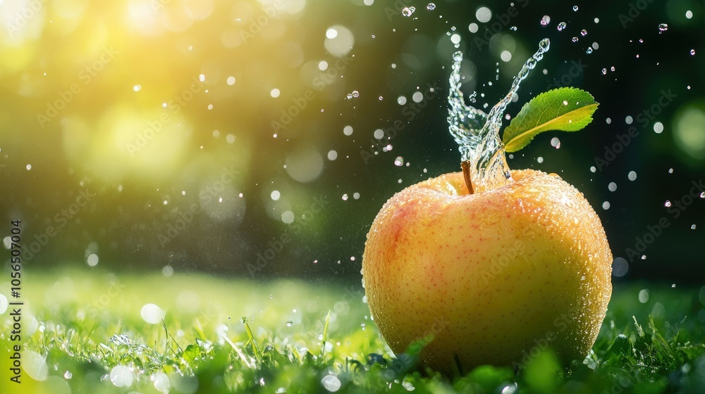 Poster fresh apple with splashing water on a dark green background, refreshing look