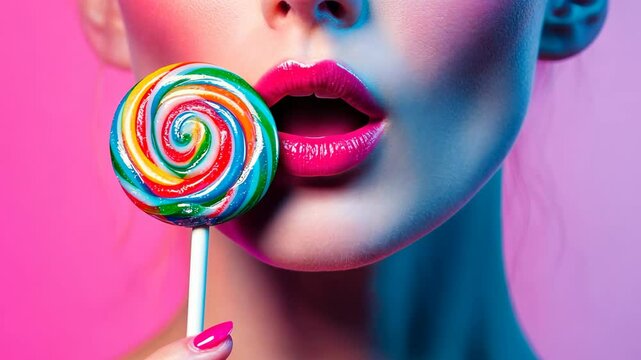 Creative trend collage of hand hold lollipop female lick little have fun weird freak bizarre unusual fantasy Video