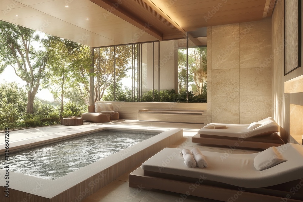 Poster a spa with a pool and two reclining chairs. the pool is surrounded by a wooden deck and has a view o