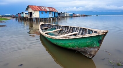 Fototapeta premium Rustic Green Rowboat Moored Near Stilt Houses on a Calm Lake