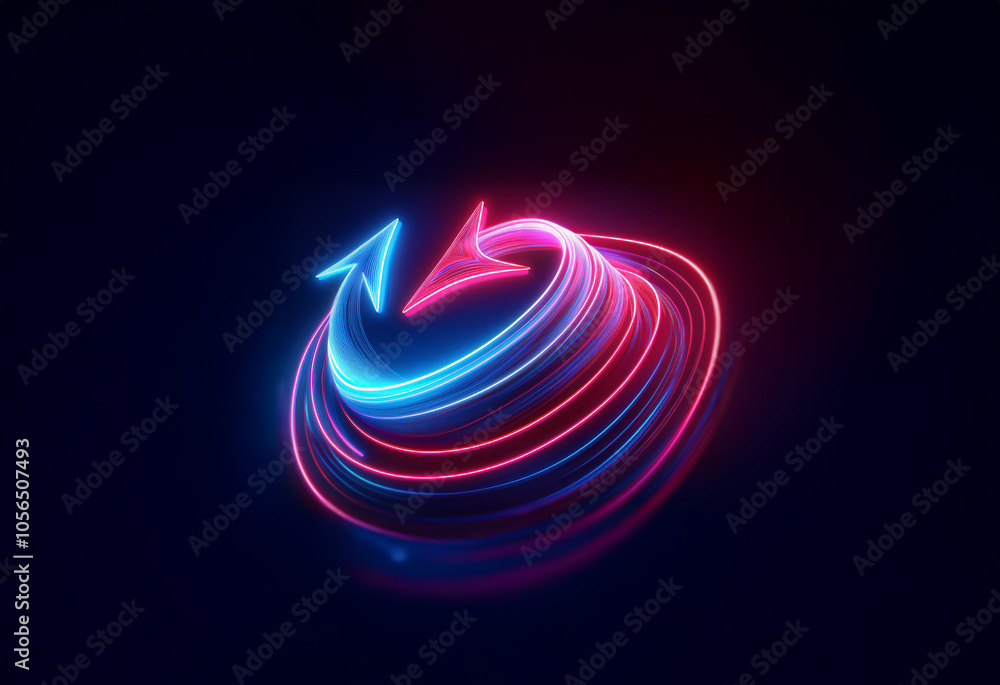 Poster a vibrant and abstract graphic with a glowing red and blue arrow design. the arrows form a circular 