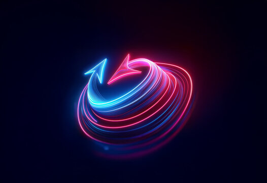 A vibrant and abstract graphic with a glowing red and blue arrow design.  The arrows form a circular shape, suggesting motion and a futuristic feel.