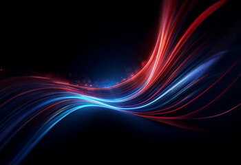 Naklejka premium Abstract digital art with flowing lines of red and blue light on a dark background.