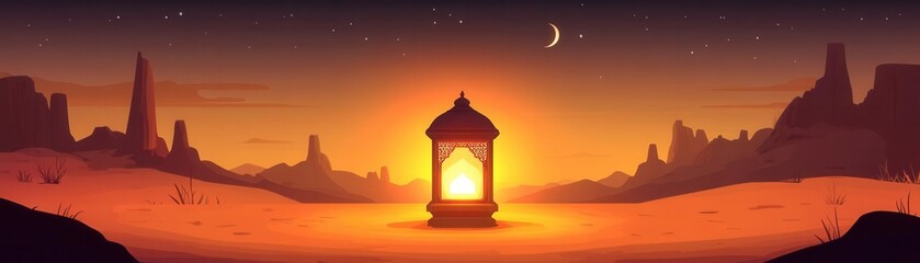 Flat lantern glowing in the center of a desert scene, Ramadan lantern, holy month light