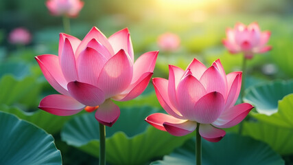 Obraz premium Beautiful Pink Lotus Flowers and Leaves in a Sunlit Pond.