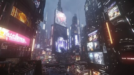 Futuristic cityscape with neon lights, high-rise buildings, and holographic ads, cyberpunk style