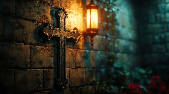 Lantern-lit cross in a dim stone corridor
