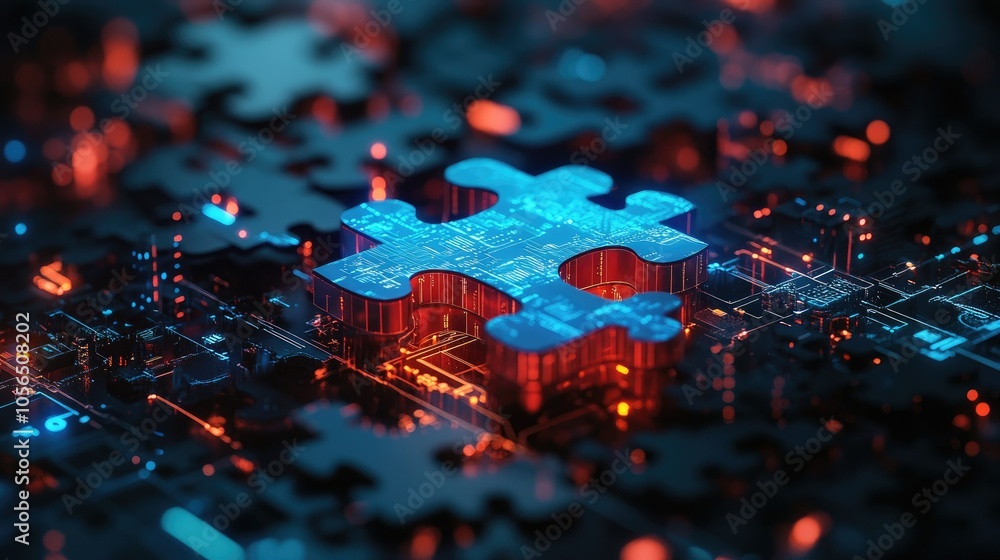 Poster Futuristic puzzle pieces with tech connections, representing smooth API integration and data flow