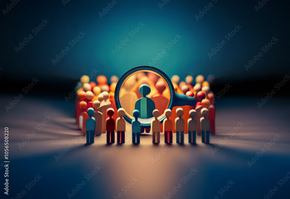 Poster a magnifying glass focuses on a single figure in a crowd of colorful stick figures.