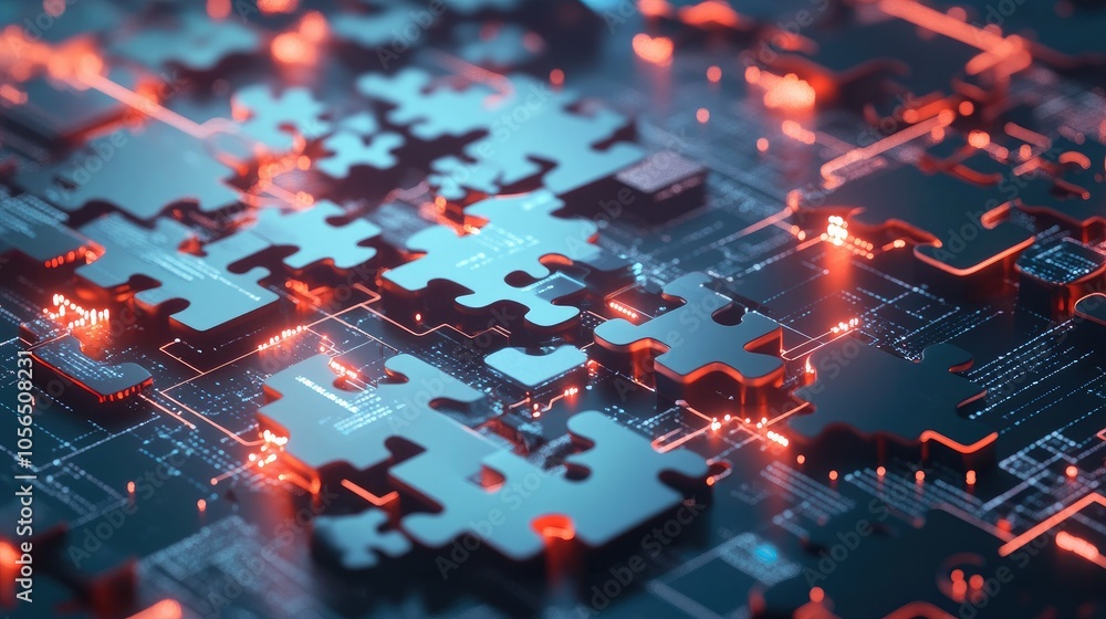 Poster Futuristic puzzle pieces with tech connections, representing smooth API integration and data flow
