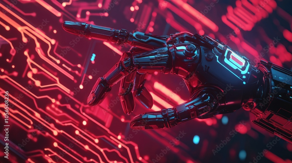 Fototapete futuristic robot hand in action, pointing towards tech-inspired background with circuit elements