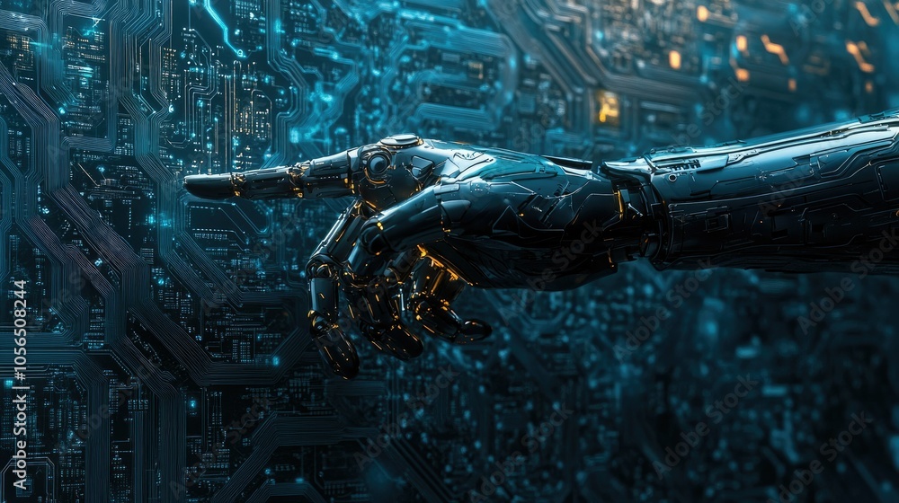 Aufkleber Futuristic robot hand in action, pointing towards tech-inspired background with circuit elements
