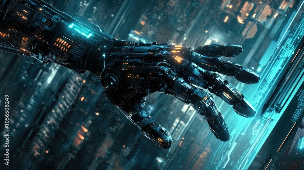 Poster Futuristic robot hand in action, pointing towards tech-inspired background with circuit elements