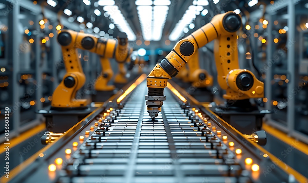 Poster a high-tech industrial setting featuring robotic arms working on an assembly line, showcasing automa
