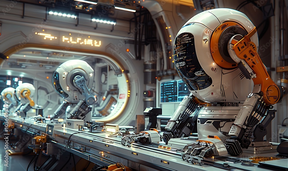 Aufkleber A futuristic workspace featuring robotic arms working on an assembly line within a high-tech environment.