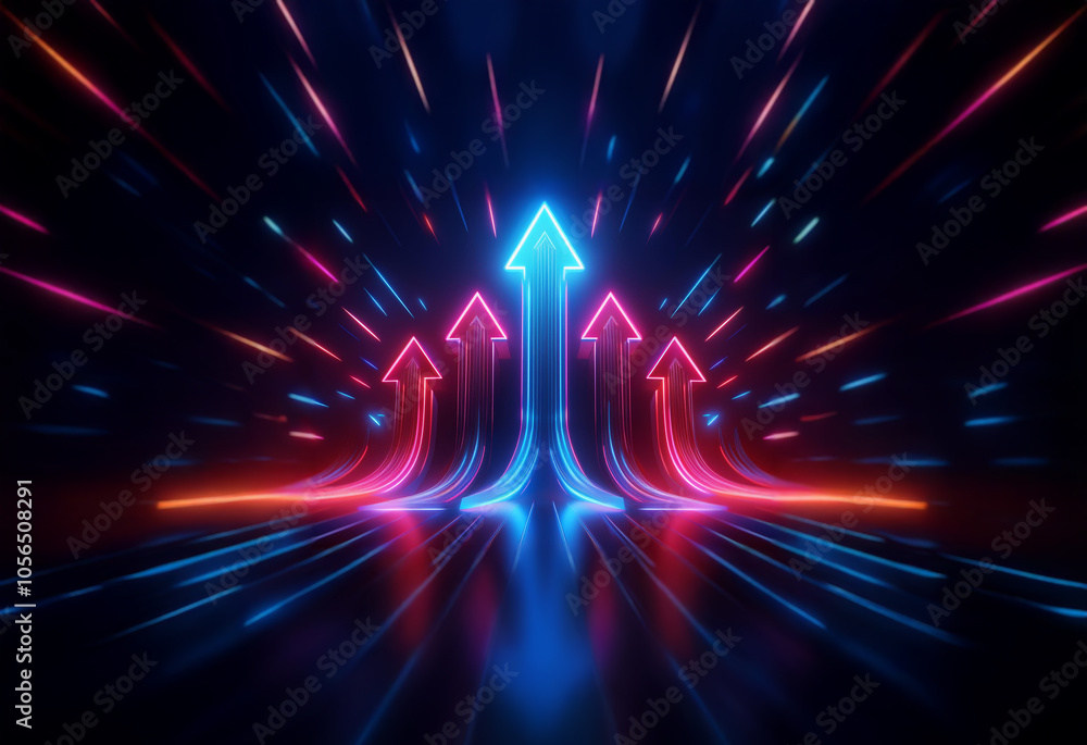 Poster Three neon arrows point upwards, surrounded by a burst of light streaks in a dark space. The arrows are reflected on the glossy surface below.