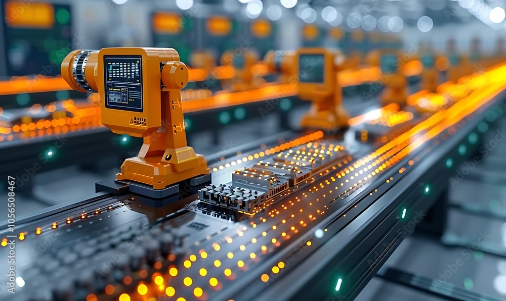 Poster a vibrant industrial scene featuring robotic arms on a conveyor belt, showcasing advanced automation