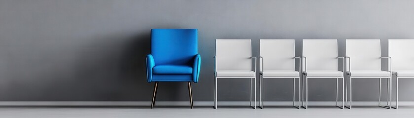 Fototapeta premium Row of chairs with one blue chair standing out among white ones, set against a simple gray wall, concept of individuality and uniqueness, midcentury modern style