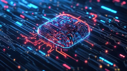 Glowing AI chip with streaming data lines, neon lights illuminating its intricate structure