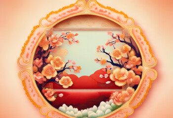 A circular frame with an ornate border encloses a scene of blossoming cherry branches and a red landscape, evoking a sense of spring and celebration.