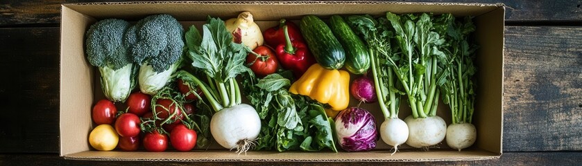 Assorted fresh vegetables in an open cardboard box on a rustic wooden surface, topdown view, promoting organic food and healthy eating