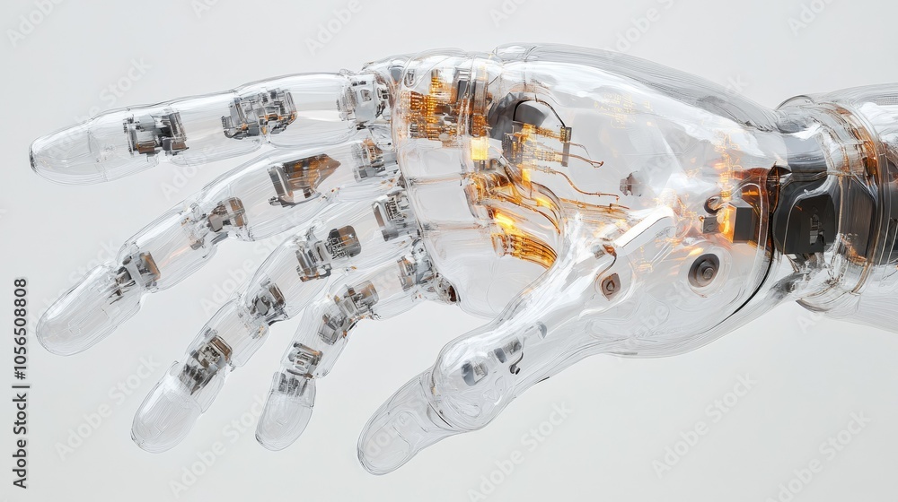 Poster High-tech transparent robotic hand with intricate circuitry and futuristic lighting