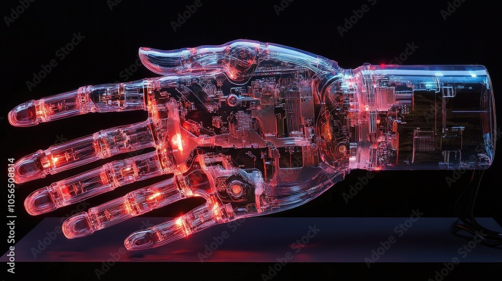 Poster High-tech transparent robotic hand with intricate circuitry and futuristic lighting
