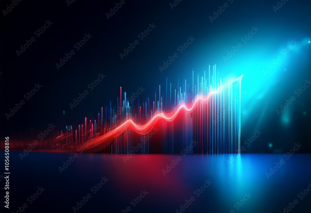 Poster an abstract image of a glowing red and blue graph line rising against a dark background with a refle