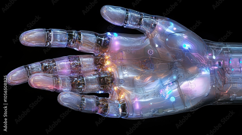 Poster high-tech transparent robotic hand with intricate circuitry and futuristic lighting