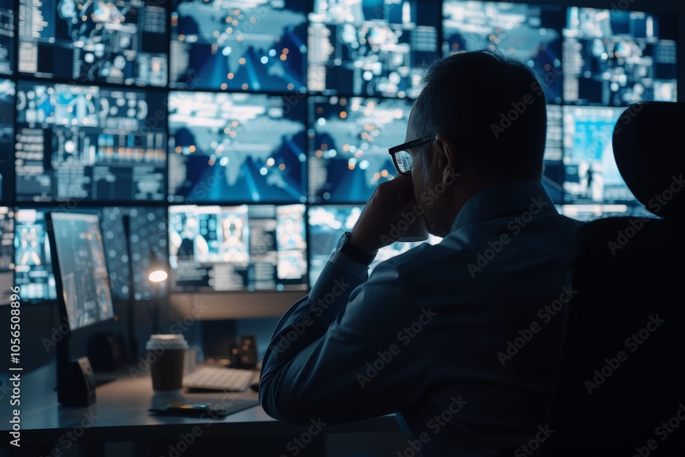 Poster a security officer relaxes at a computer desk while monitoring multiple screens in a control room du