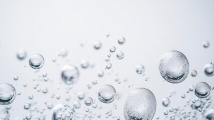 Closeup of water bubbles rising against a plain white background, clarity, and freshness theme, ideal for hydration visuals