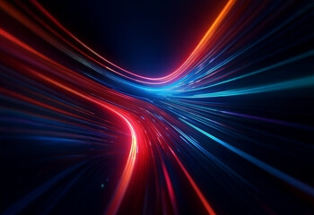 Abstract digital artwork featuring red and blue streaks of light swirling on a dark background.
