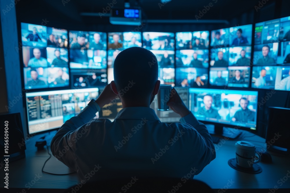 Poster security officer relaxing at computer desk surrounded by multiple screens, monitoring activities dur